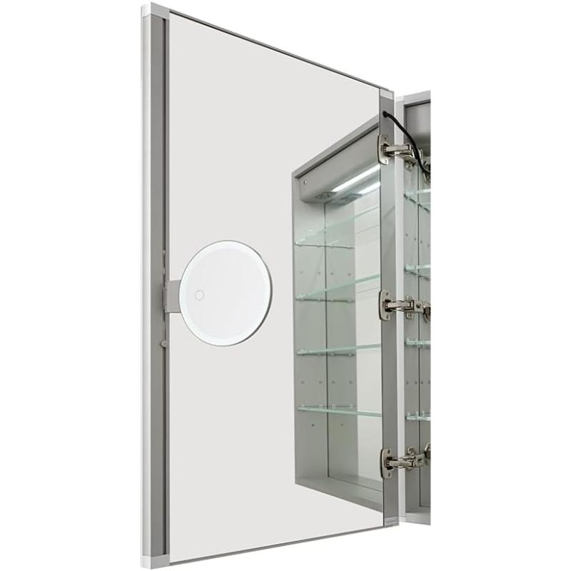 Edge Royale Side Bathroom Cabinet, Tall Full Length LED Lighted Medicine Cabinet, Defogger and Flip Out Lighted 3X Makeup Mirror, Electrical Outlets.