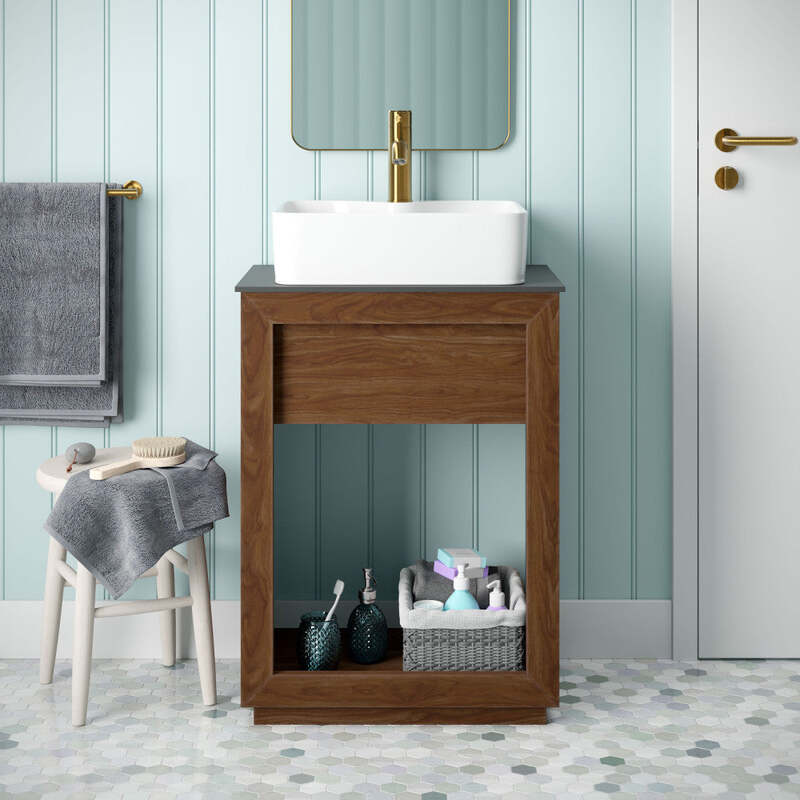Swiss Madison Rennes 24" Reclaimed Wood Vanity in Walnut with Slate Countertop and Single Hole Vessel Sink