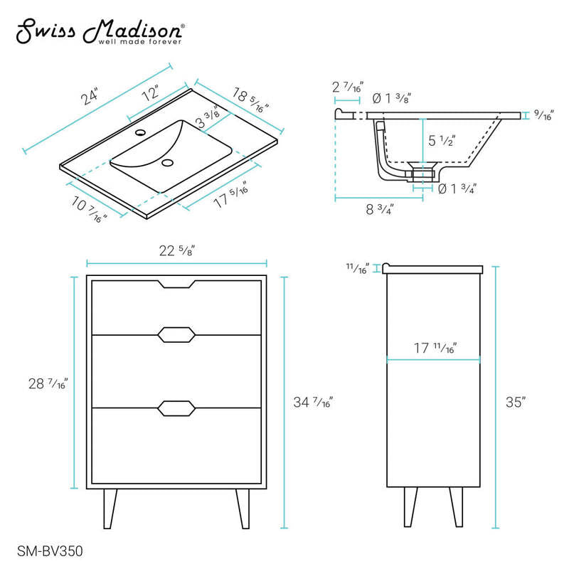 Swiss Madison Brusque 24" Bathroom Vanity in White Oak
