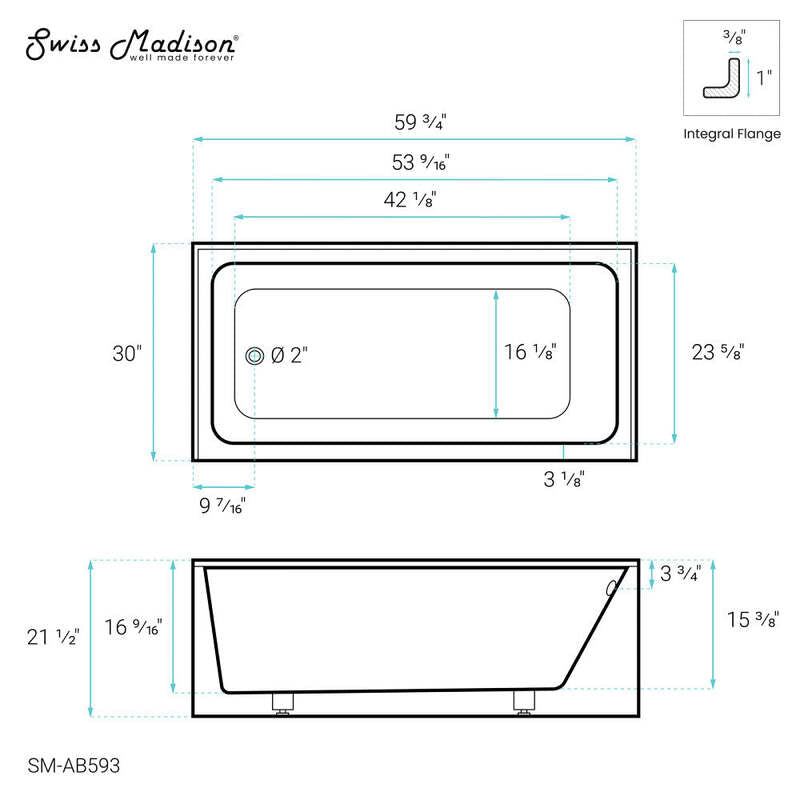 Swiss Madison Voltaire 60" X 30" Left-Hand Drain Alcove Bathtub with Apron