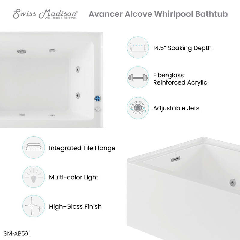Swiss Madison Avancer 60" x 36" Right-Hand Drain Rectangular Alcove Whirlpool Bathtub with Apron