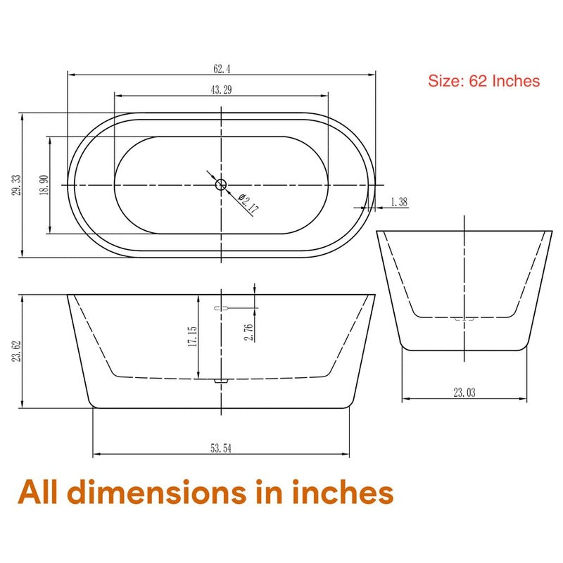 Heatgene Freestanding Soaking Tub UPC Certified Drain & Overflow Assembly Included HG476