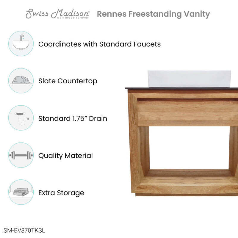 Swiss Madison Rennes 36" Reclaimed Wood Vanity in Natural Teak with Slate Countertop and Single Hole Vessel Sink