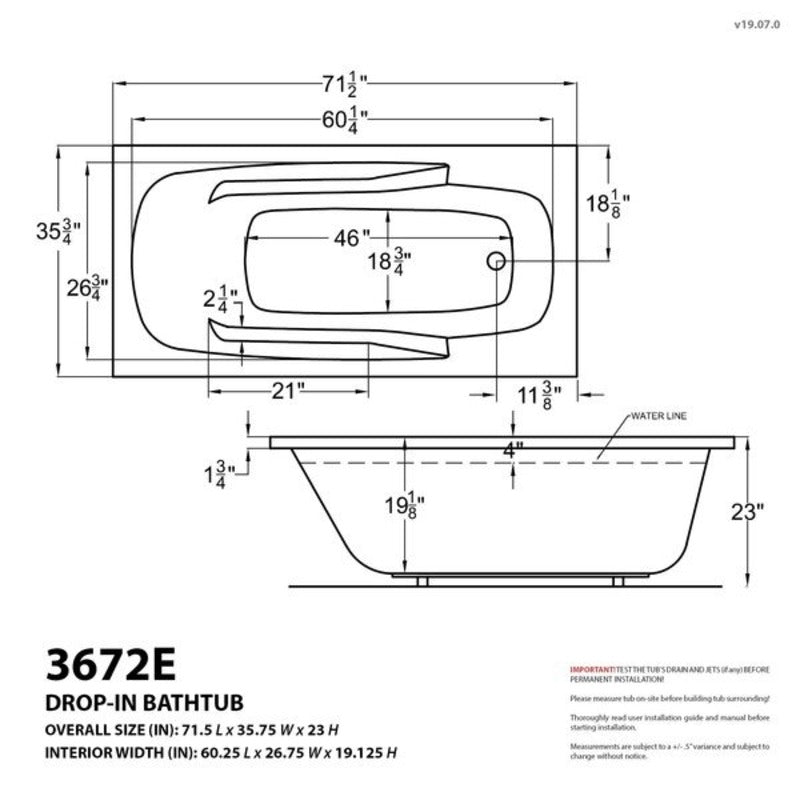 ATLANTIS WHIRLPOOLS EROS 36 X 72 RECTANGULAR BATHTUB 3672E