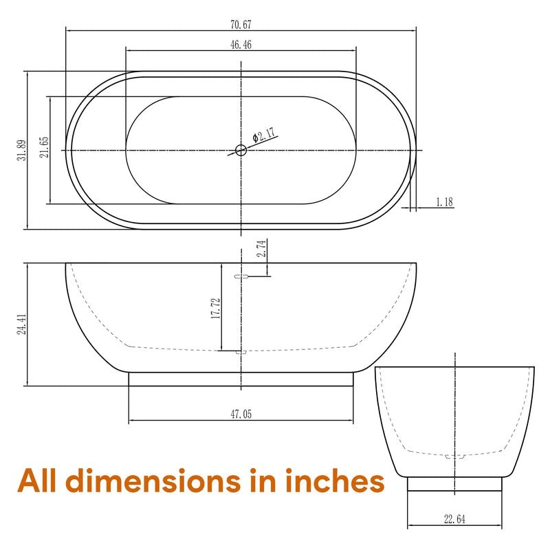 Heatgene 70" Acrylic Freestanding Soaking Tub, UPC Certified, Drain & Overflow Assembly Included HG436