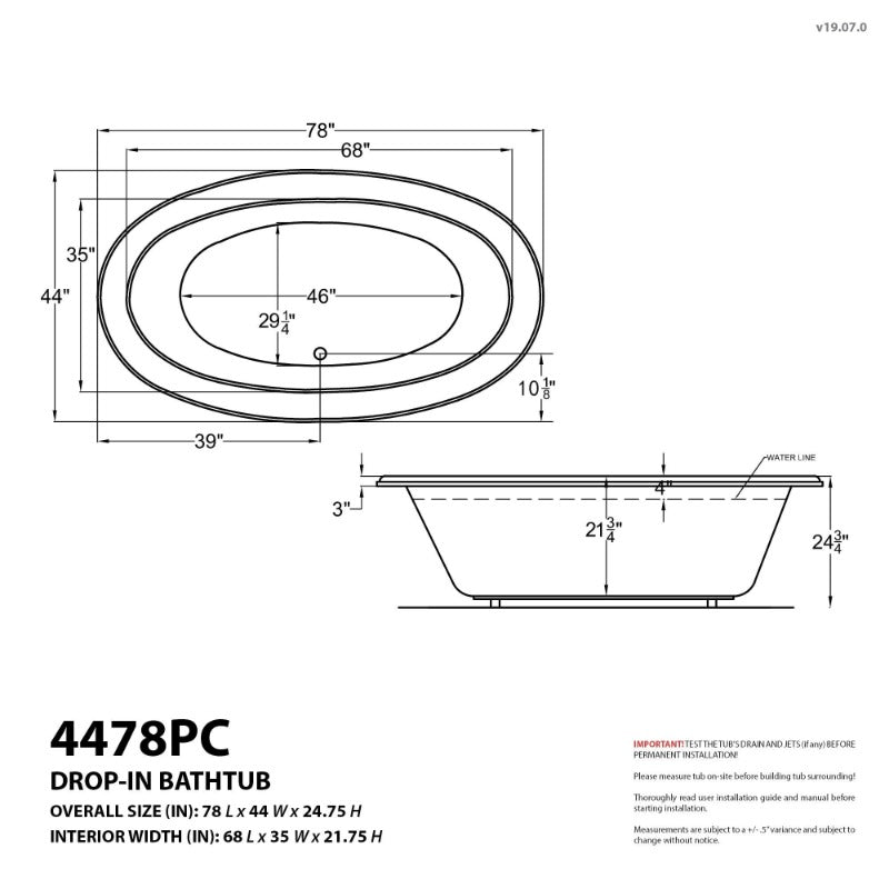 ATLANTIS WHIRLPOOLS PETITE 44 X 78 OVAL SOAKING BATHTUB 4478PCS