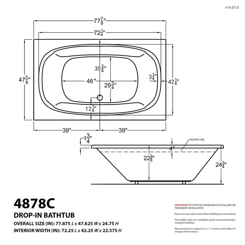 ATLANTIS WHIRLPOOLS CHARLESTON 48 X 78 RECTANGULAR SOAKING BATHTUB 4878CS