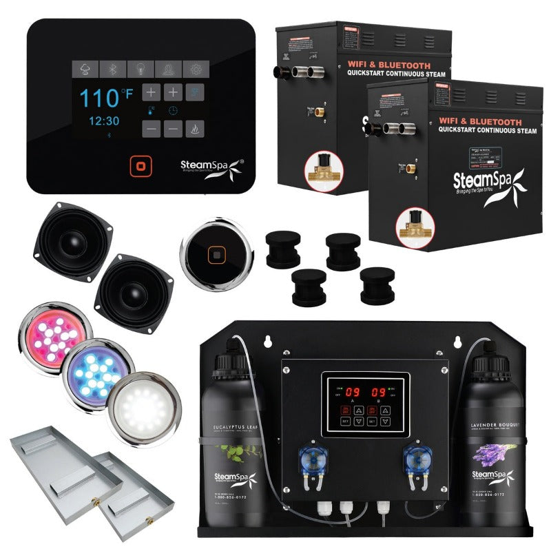 SteamSpa Black Series 2 x 12kW QuickStart Steam Bath Generator Package with Dual Aroma Pump