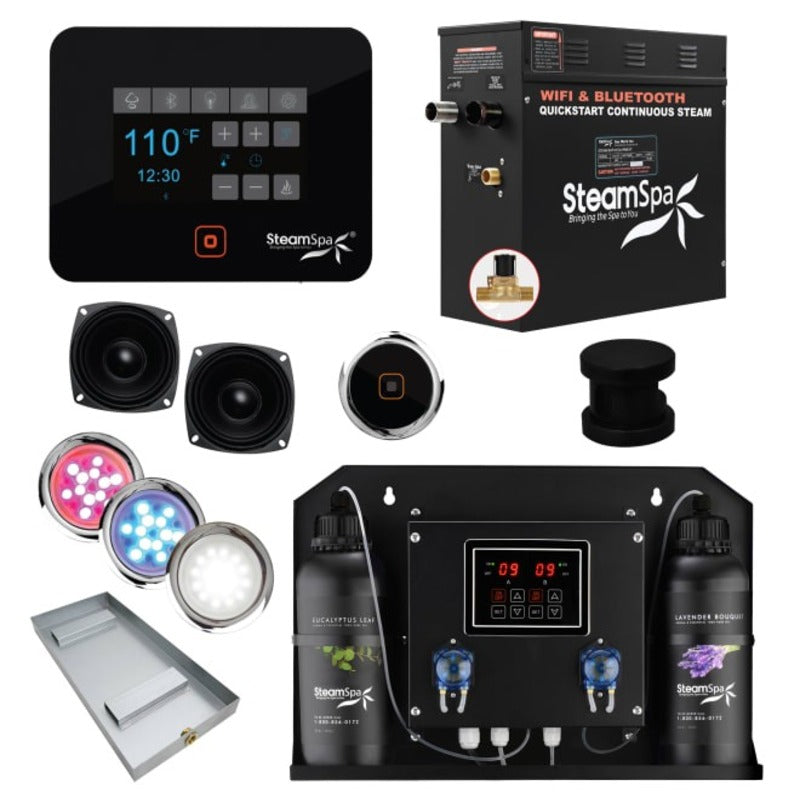 SteamSpa Black Series WiFi and Bluetooth 4.5KW Quickstart Steam Bath Generator Package with Dual Aroma Pump