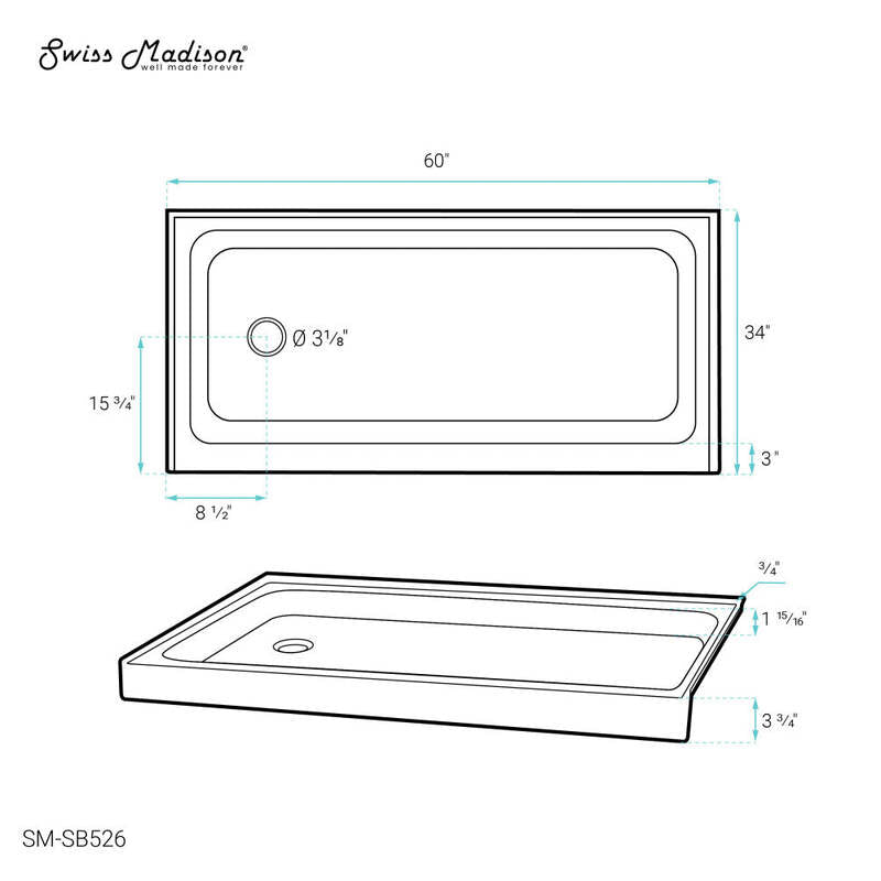Swiss Madison Voltaire 60 x 34 Acrylic White, Single-Threshold, Left Side Drain, Shower Base