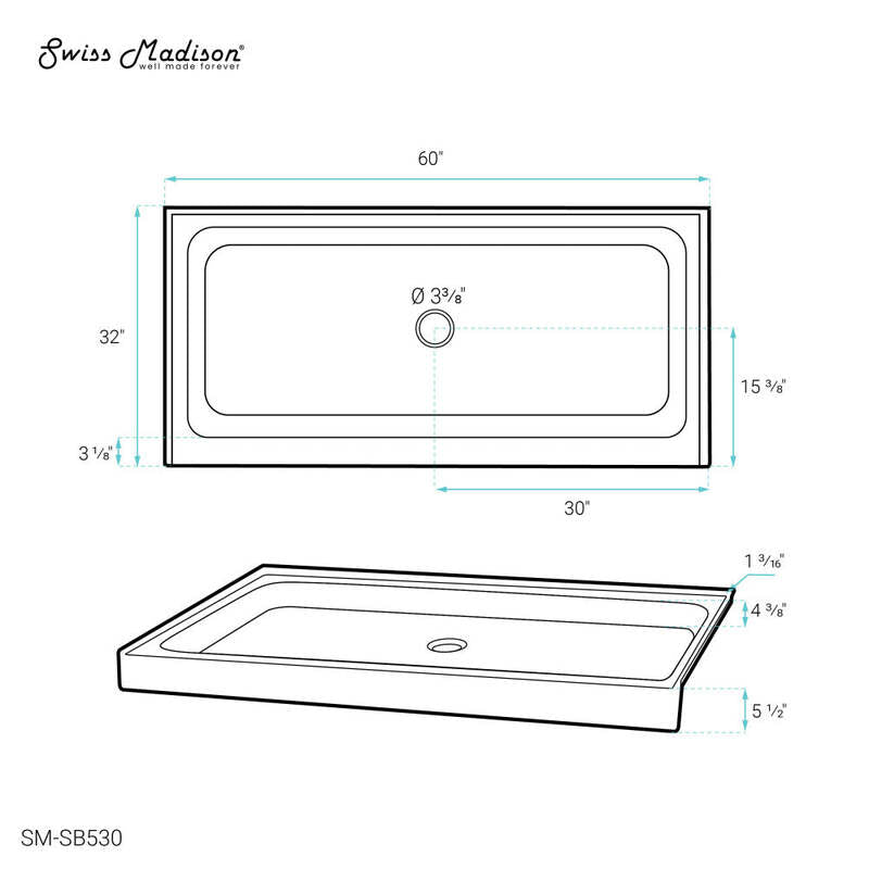 Swiss Madison Voltaire 60 x 32 Acrylic Black, Single-Threshold, Center Drain, Shower Base