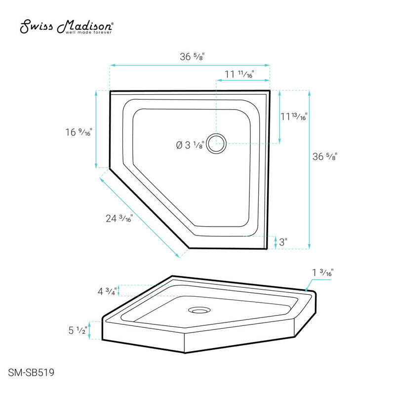 Swiss Madison Voltaire 36 x 36 Acrylic White, Single-Threshold, Center Drain, Neo-angle Shower Base