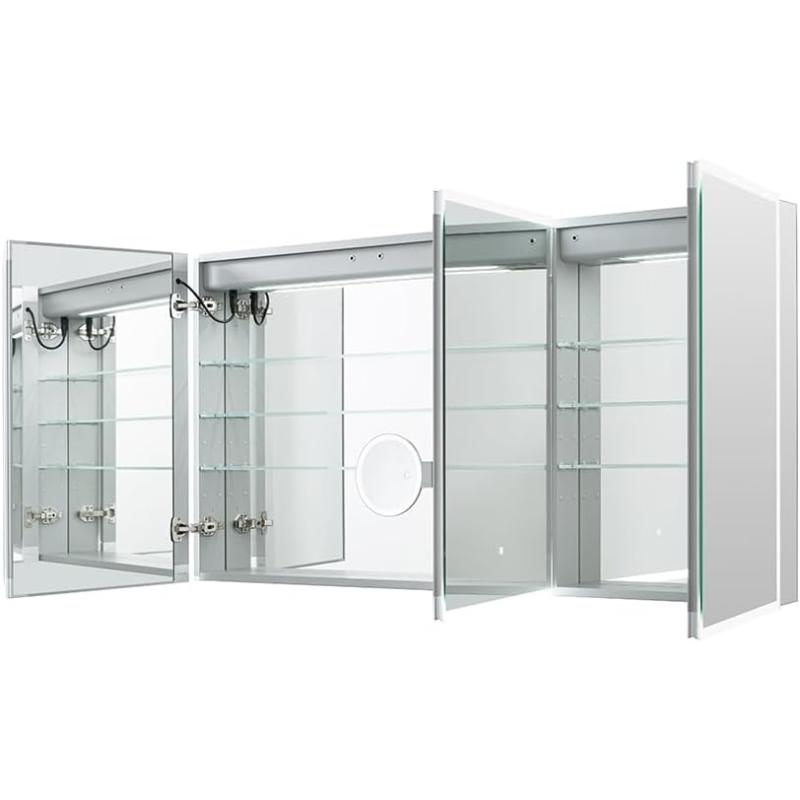 Edge Royale Side Bathroom Cabinet, Tall Full Length LED Lighted Medicine Cabinet, Defogger and Flip Out Lighted 3X Makeup Mirror, Electrical Outlets.