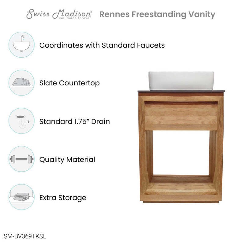 Swiss Madison Rennes 24" Reclaimed Wood Vanity in Natural Teak with Slate Countertop and Single Hole Vessel Sink