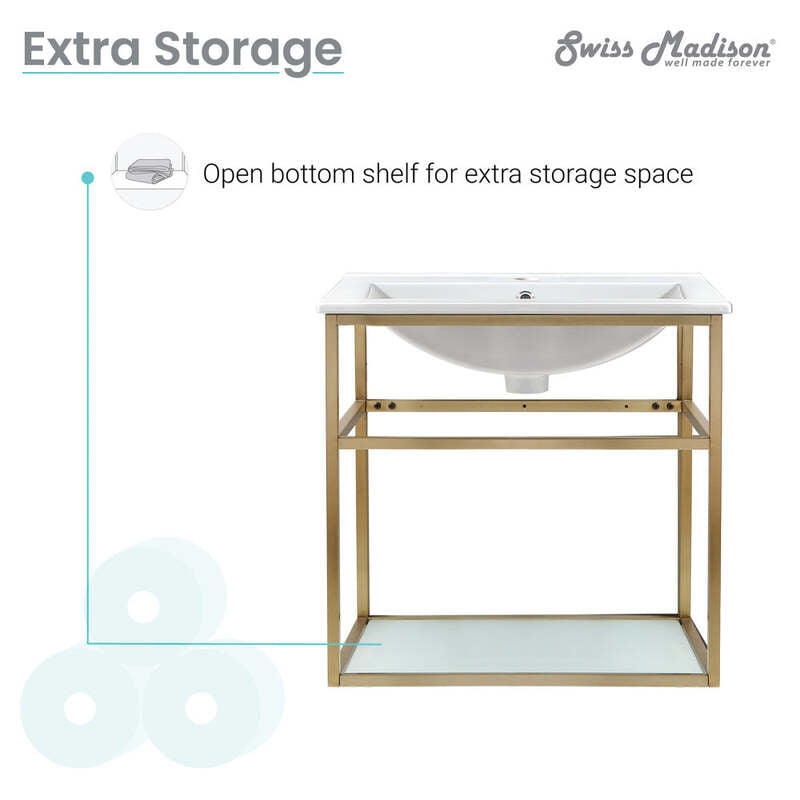 Swiss Madison Pierre 24 Single, Open Shelf, Gold Metal Frame Bathroom Vanity