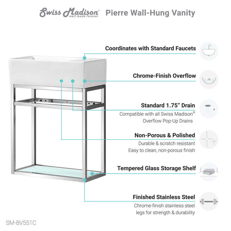 Swiss Madison Pierre 19.5 Single, Open Shelf, Chrome Metal Frame Bathroom Vanity