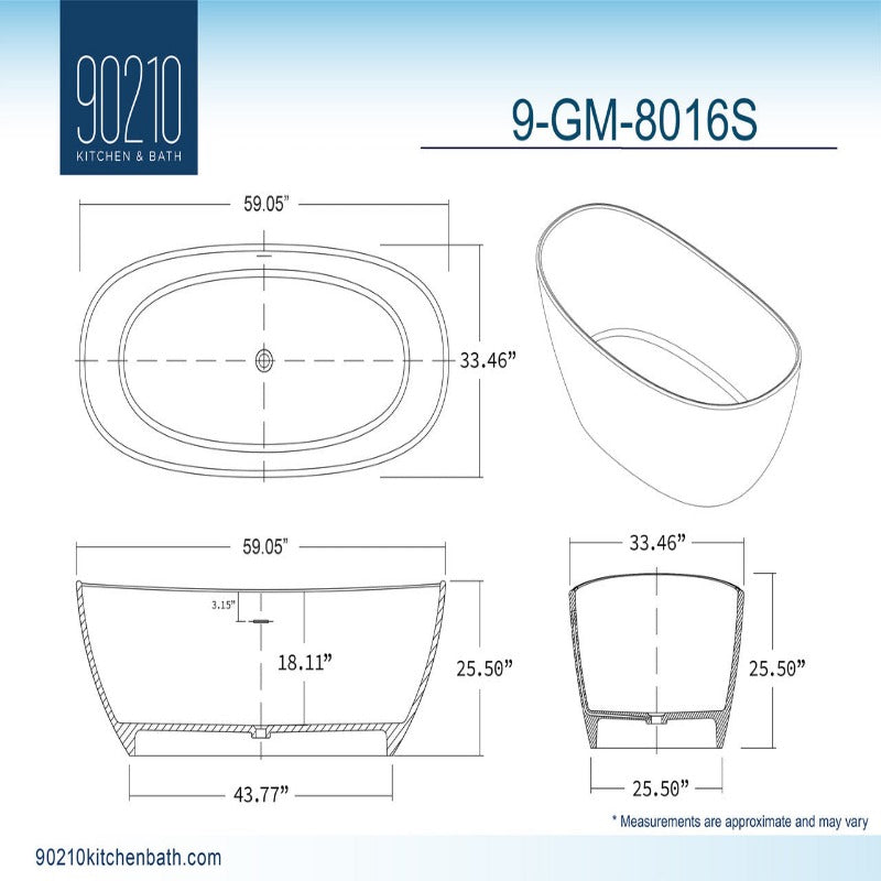 Avalon 59" Solid Surface Bathtub (White / Grey / Black)