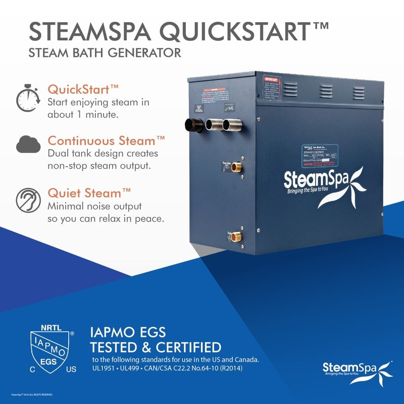 SteamSpa Indulgence 12 KW QuickStart Steam Bath Generator Package with Built-in Auto Drain