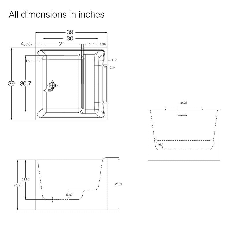 Heatgene 39" Square Acrylic Freestanding Contemporary Soaking Tub UPC Certified Drain & Overflow Included - HG640
