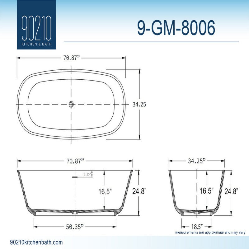 Monterey 71" Solid Surface Freestanding Bathtub in (White / Grey / Black)
