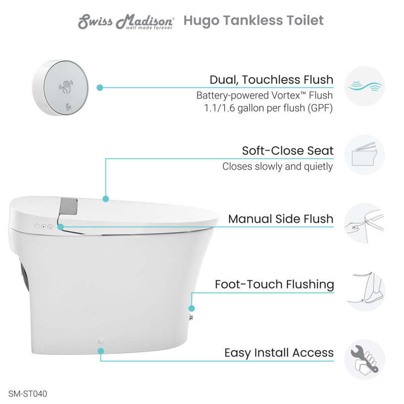 Swiss Madison Hugo Smart Tankless Elongated Toilet, Touchless Vortex™ Dual-Flush 1.1/1.6 gpf
