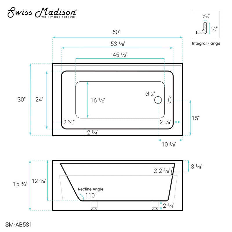 Swiss Madison Virage 60" x 30" Right-Hand Drain Alcove Bathtub with Apron
