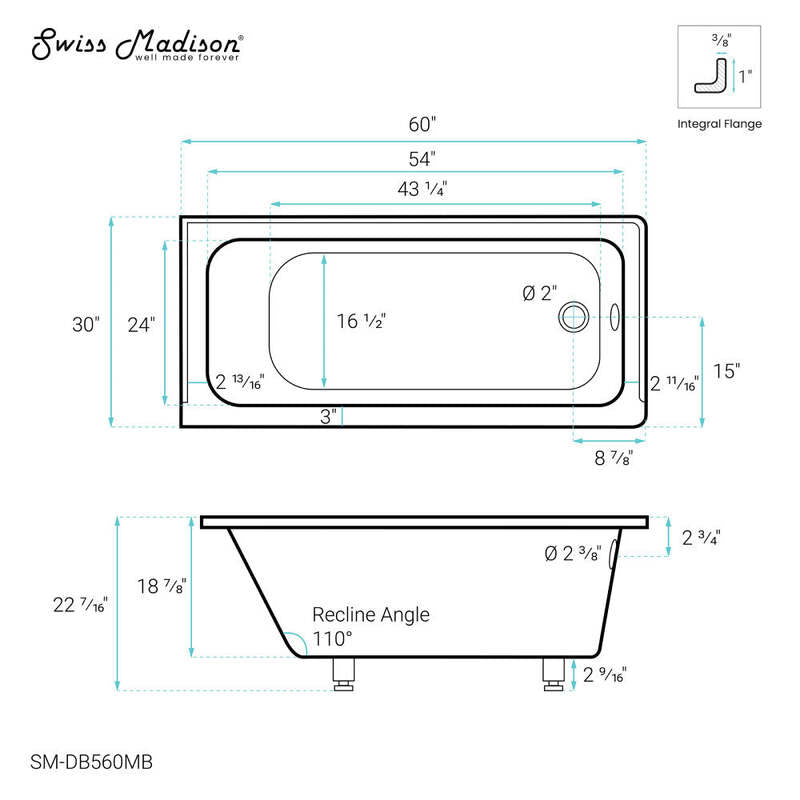 Swiss Madison Voltaire 60" X 30" Right-Hand Drain Alcove Bathtub in Matte Black