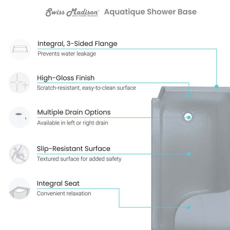 Swiss Madison Aquatique 60 X 32 Single Threshold Shower Base With Right Hand Drain and Integral Left Hand Seat in Grey