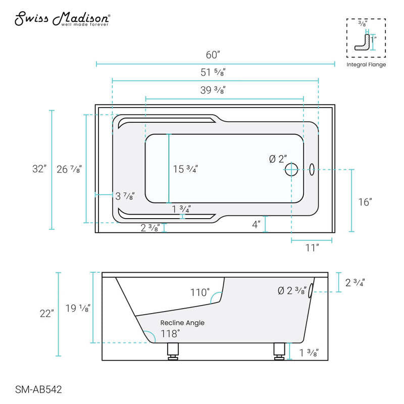 Swiss Madison Voltaire 60" X 32" Right-Hand Drain Alcove Bathtub with Apron and Armrest