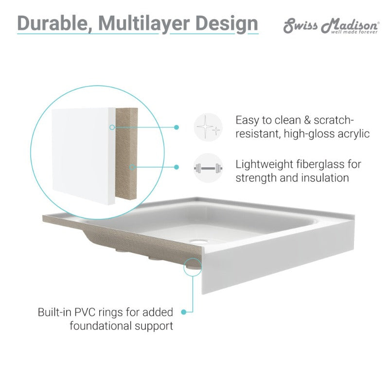 Swiss Madison Voltaire 36 x 36 Acrylic White, Single-Threshold, Center Drain, Shower Base