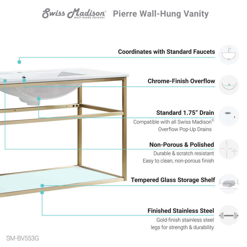 Swiss Madison Pierre 36 Single, Open Shelf, Gold Metal Frame Bathroom Vanity