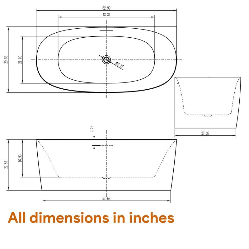Heatgene 63" Acrylic Freestanding Soaking Tub, UPC Certified, Drain & Overflow Assembly Included HG694