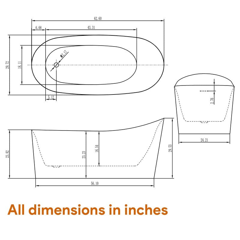 Heatgene 62" Acrylic Freestanding Soaking Tub, UPC Certified, Drain & Overflow Assembly Included HG696