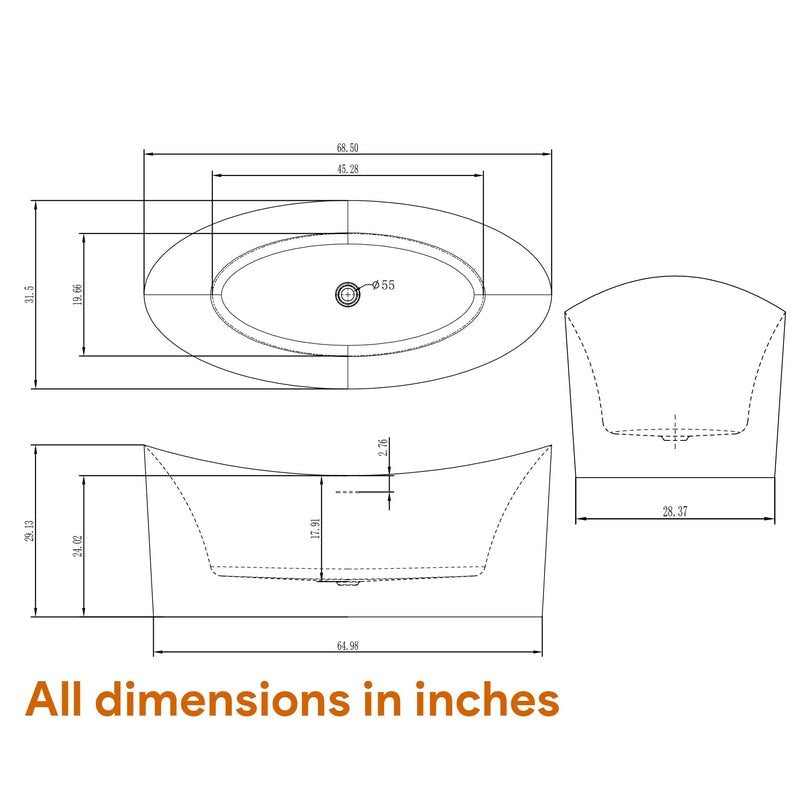 Heatgene 68.5" Acrylic Freestanding Soaking Tub, UPC Certified, Drain & Overflow Assembly Included HG699