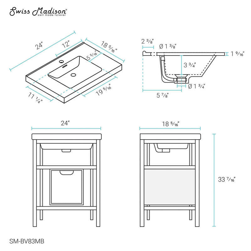 Swiss Madison Ivy 24" Freestanding Bathroom Vanity in Glossy White with Matte Black Frame