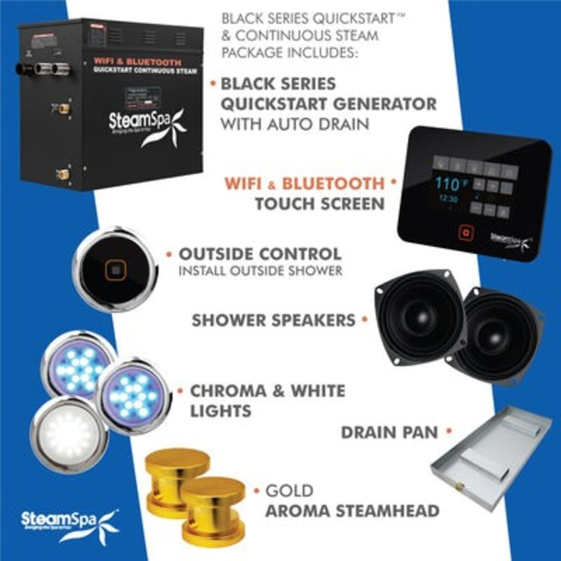 Black Series Wifi and Bluetooth 10.5kW QuickStart Steam Bath Generator Package in Matte Black