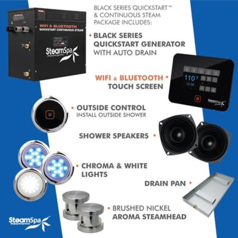 Black Series Wifi and Bluetooth 10.5kW QuickStart Steam Bath Generator Package in Brushed Nickel
