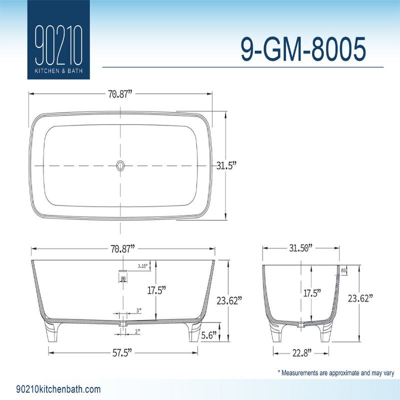 Pasadena 71" Solid Surface Freestanding Bathtub (White / Black)