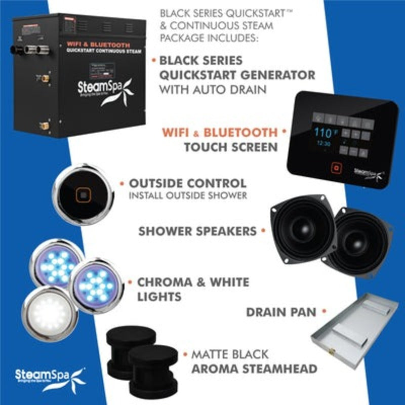 Black Series Wifi and Bluetooth 10.5kW QuickStart Steam Bath Generator Package in Matte Black