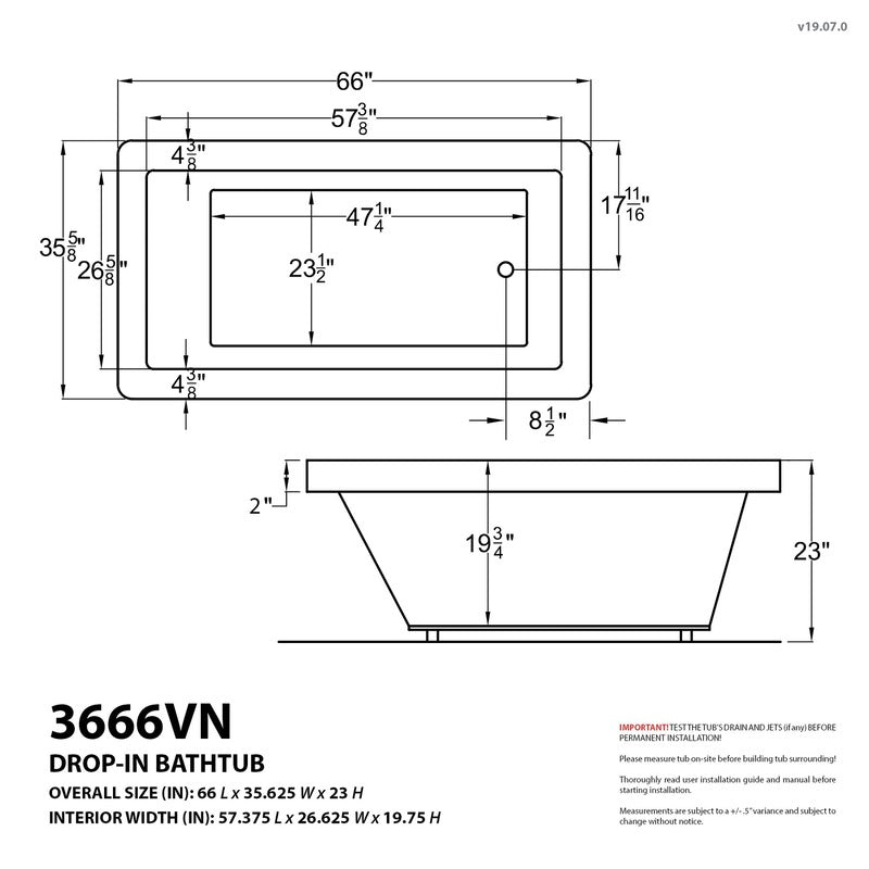 Atlantis Whirlpools Venetian 36 x 66 Rectangular Soaking Bathtub 3666VNS