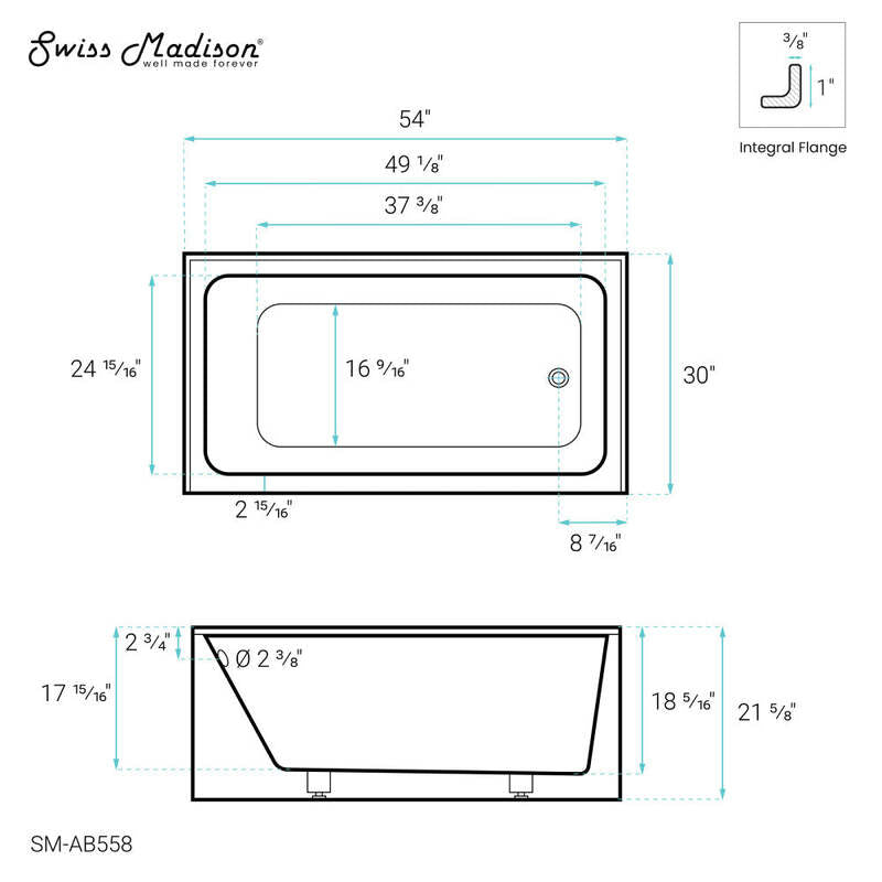 Swiss Madison Voltaire 54" X 30" Right-Hand Drain Alcove Bathtub with Apron