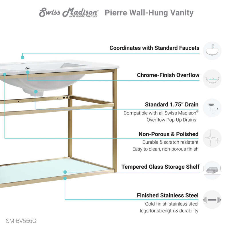 Swiss Madison Pierre 30 Single, Open Shelf, Gold Metal Frame Bathroom Vanity