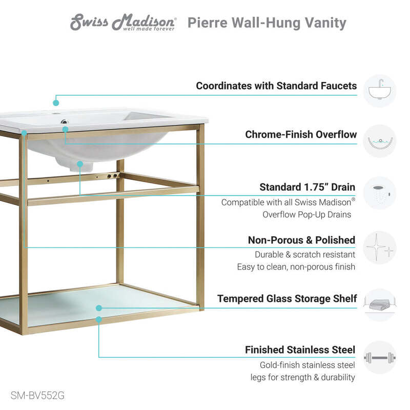 Swiss Madison Pierre 24 Single, Open Shelf, Gold Metal Frame Bathroom Vanity