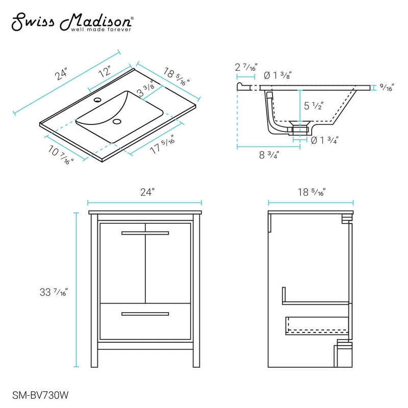 Swiss Madison Virage 24" Freestanding, Bathroom Vanity in Glossy White