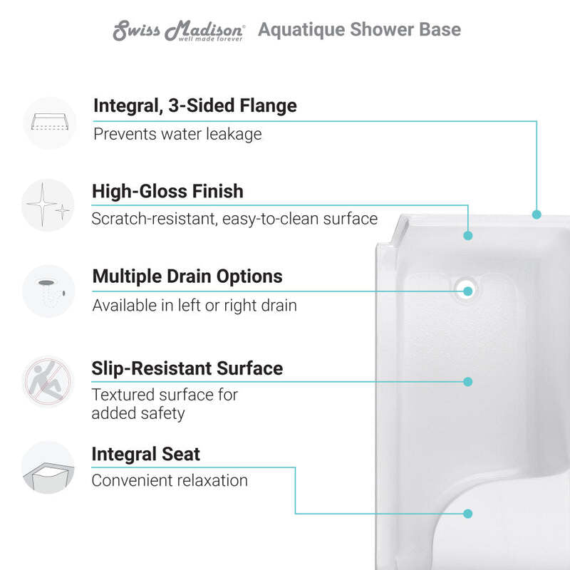 Swiss Madison Aquatique 60 X 32 Single Threshold Shower Base With Right Hand Drain and Integral Left Hand Seat in White