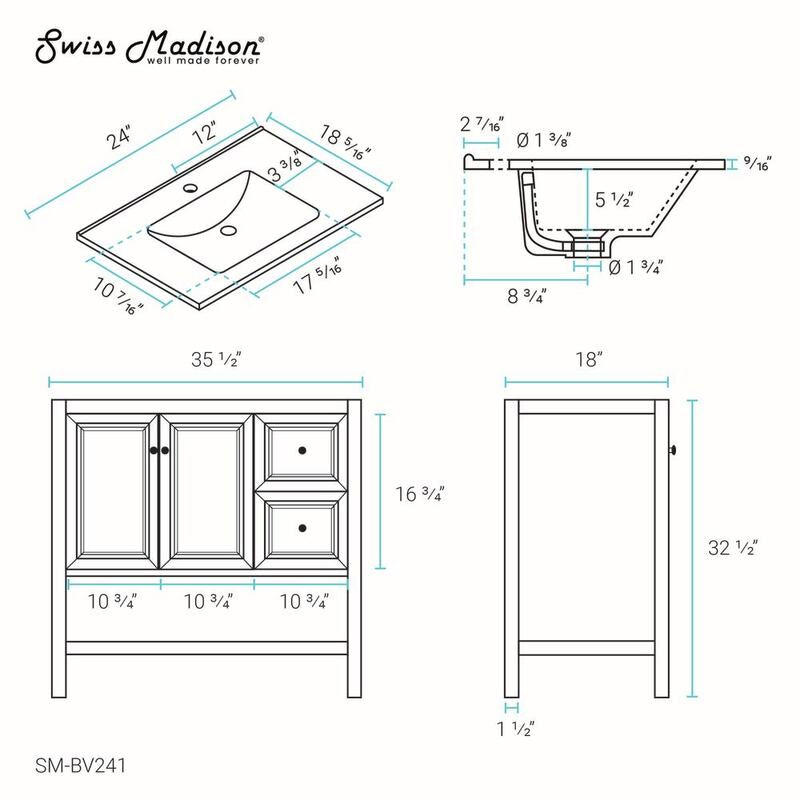 Swiss Madison Château 36" Bathroom Vanity in Natural Oak