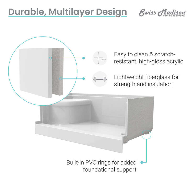 Swiss Madison Aquatique 60 X 32 Single Threshold Shower Base With Left Hand Drain and Integral Right Hand Seat in White