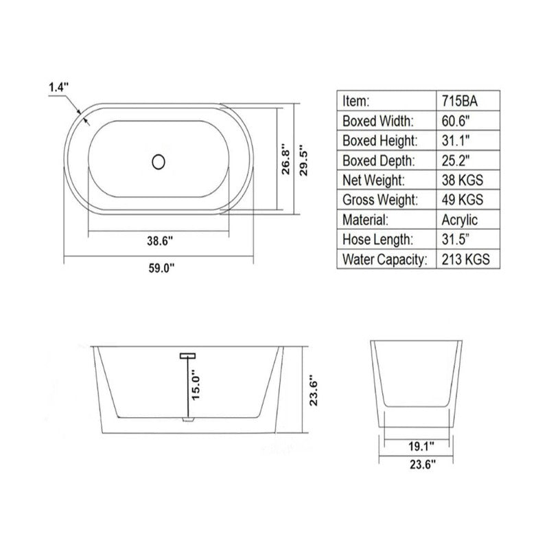 Christina 59" Freestanding Acrylic Soaking Bathtub( White / Black)
