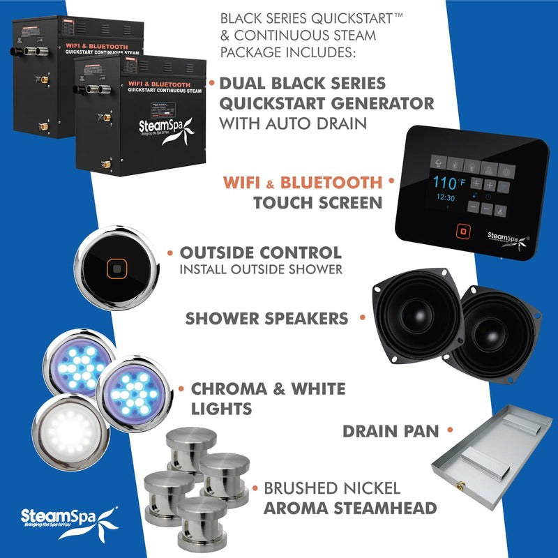 SteamSpa Black Series 2 x 10.5kW QuickStart Steam Bath Generator Package w/ Dual Aroma Pump