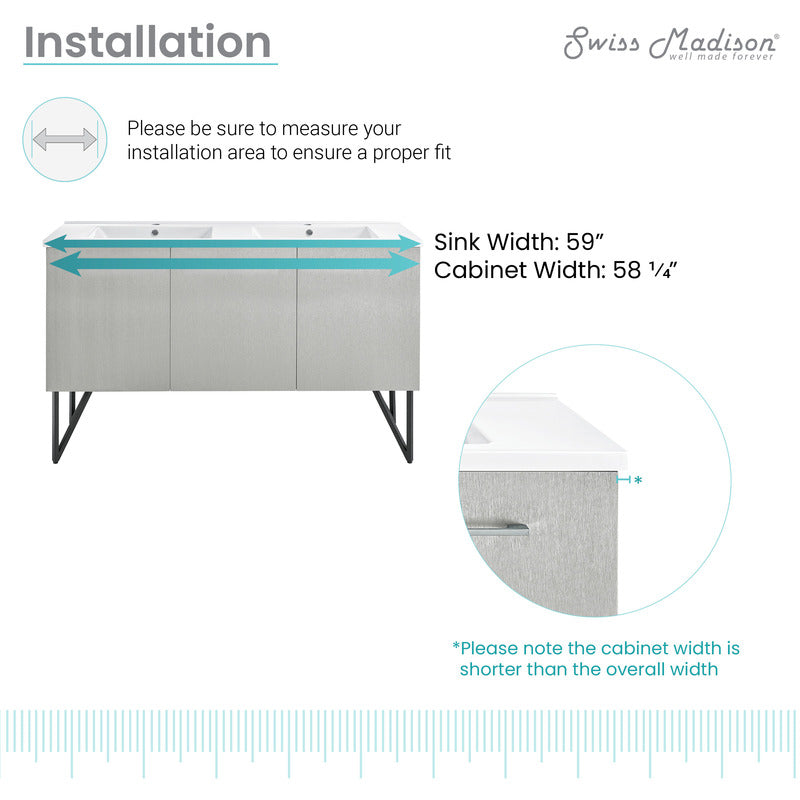 Swiss Madison Annecy 60 Double, Brushed Grey, Two Doors, One Drawer, Bathroom Vanity